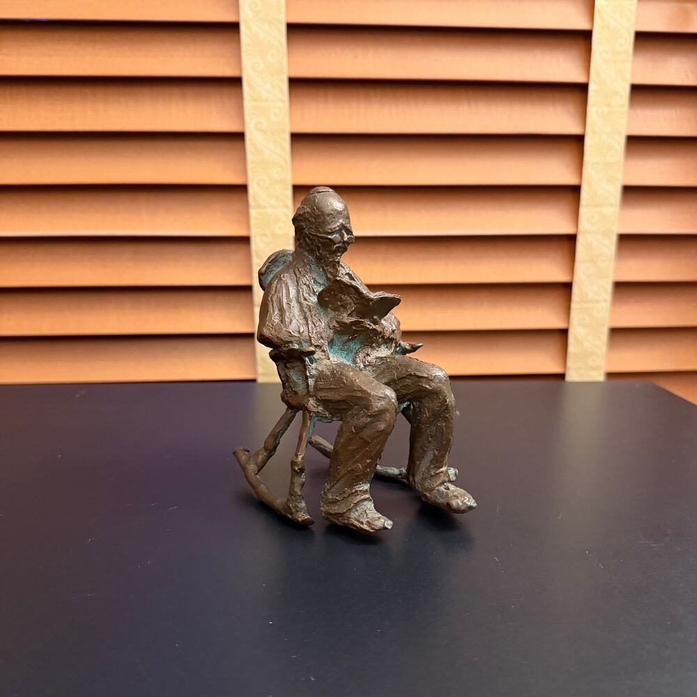 Vintage Heavy Brass Man Reading in Rocking Chair Sculpture